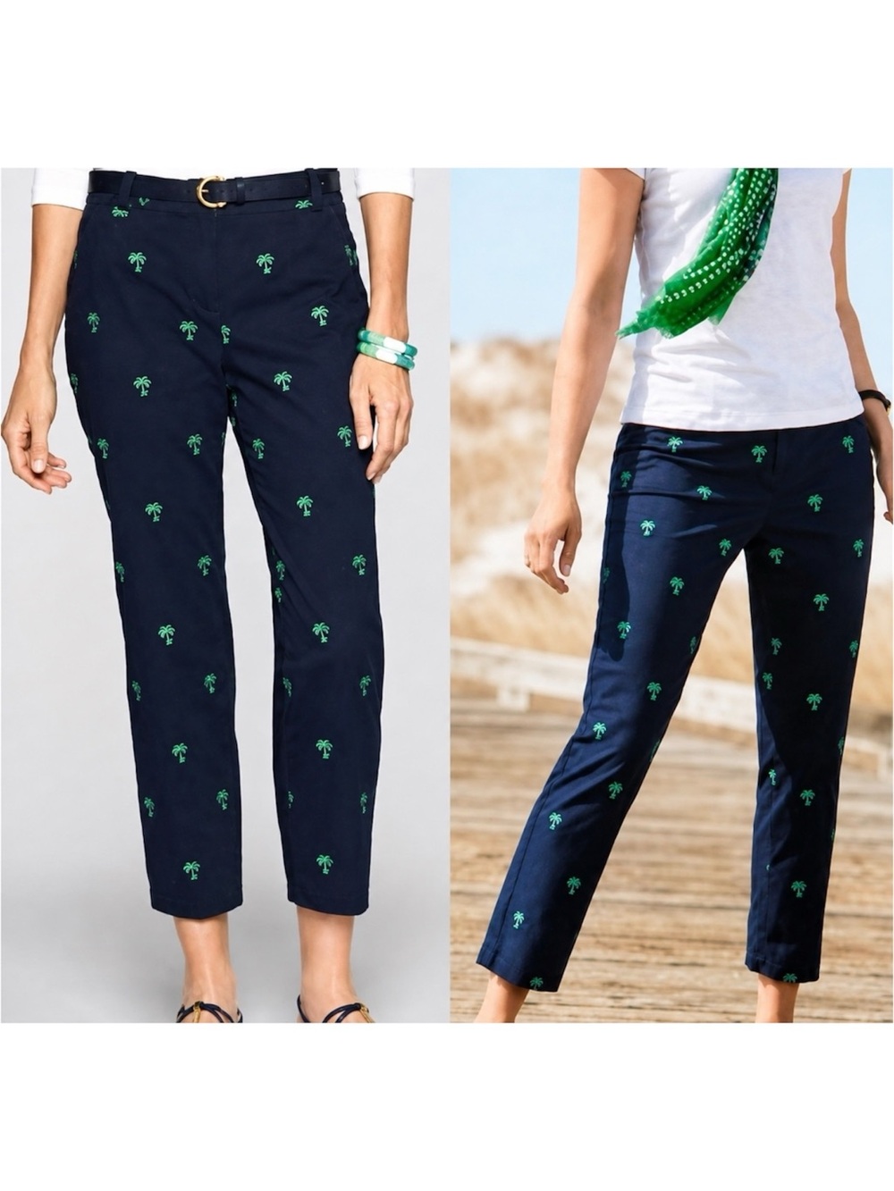 Talbots Signature Pants Size 16 Navy Green Palm Tree Embroidered Crop NWT
